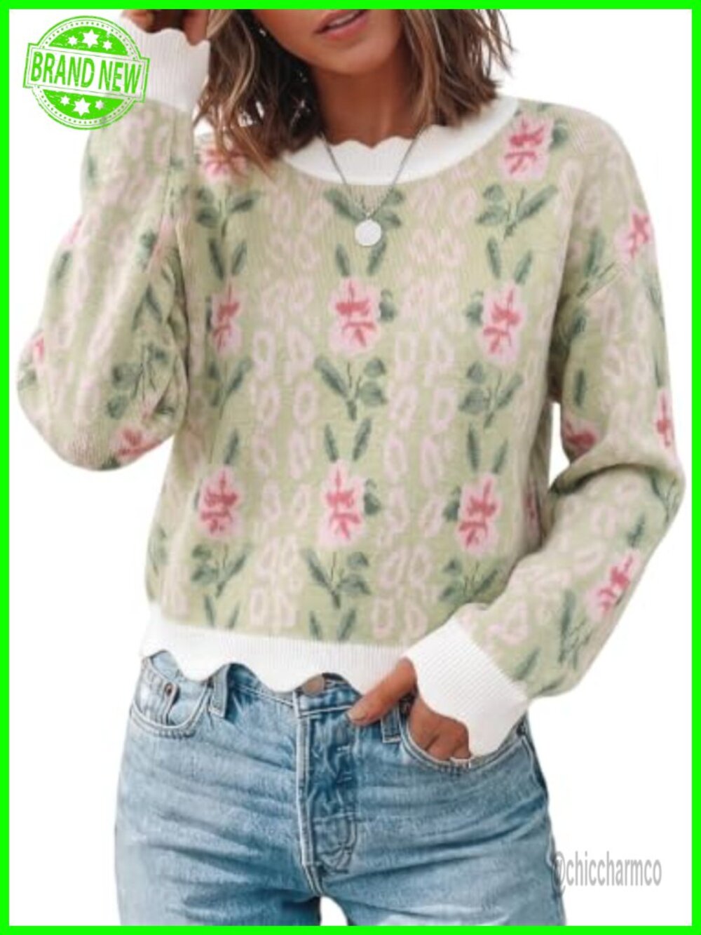 Scalloped Trim Long Sleeve Floral Pullover Sweater Loose Fit Fall Casual
